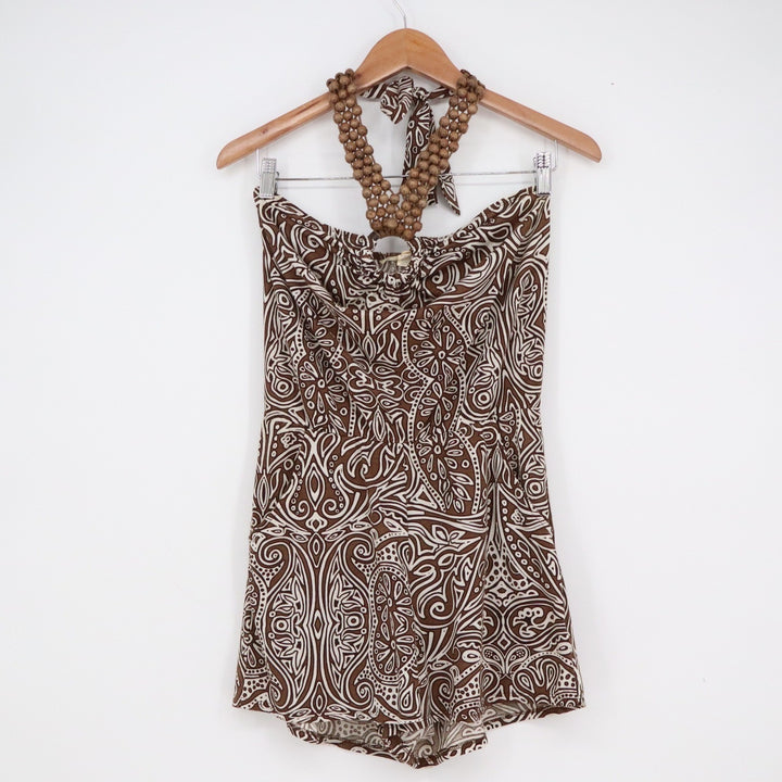 Derek Heart Brown Paisley Halter Romper Wood Bead Accent Medium Summer Boho