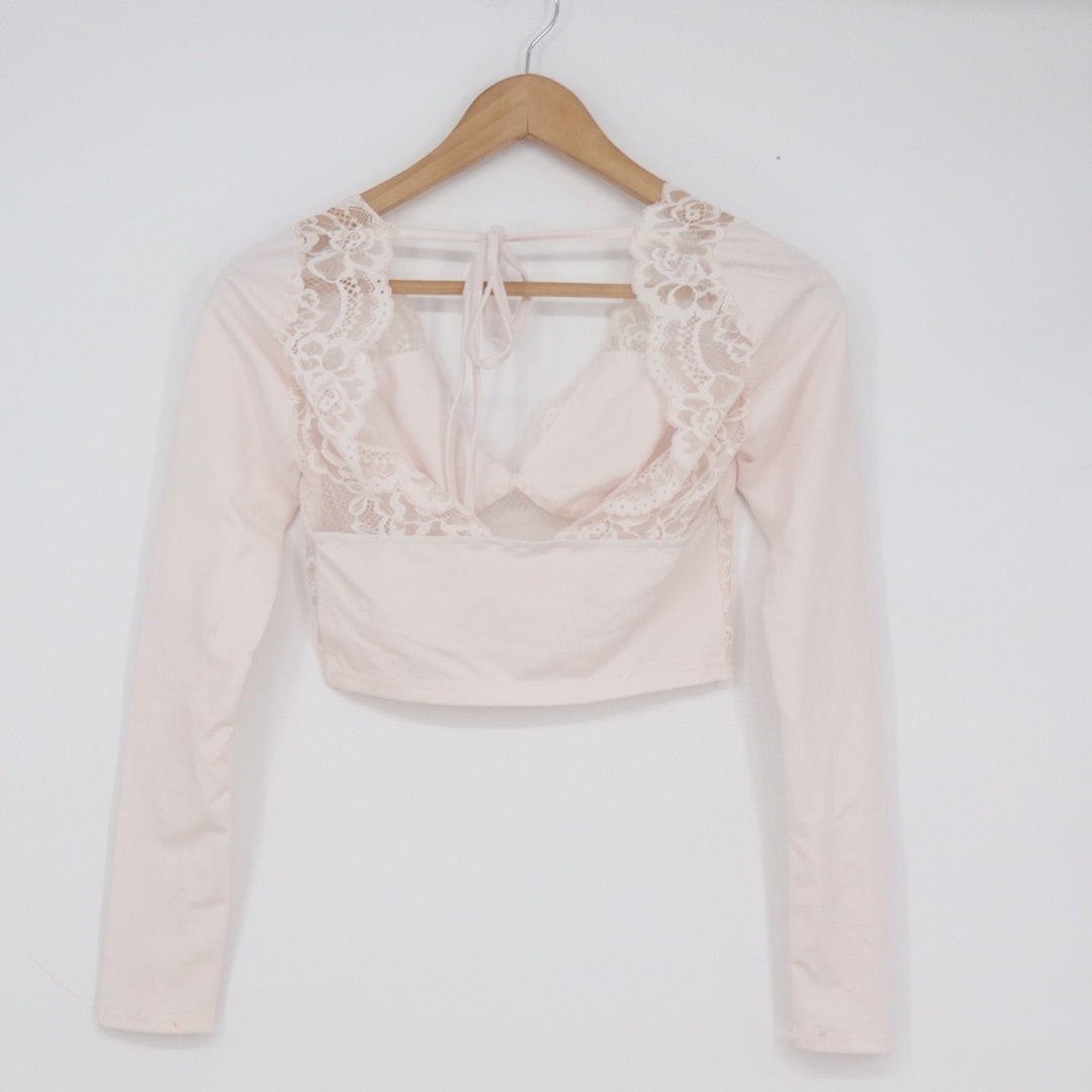 SHEIN Pale Pink Lace Panel Long Sleeve Crop Top Open Tie Back XS