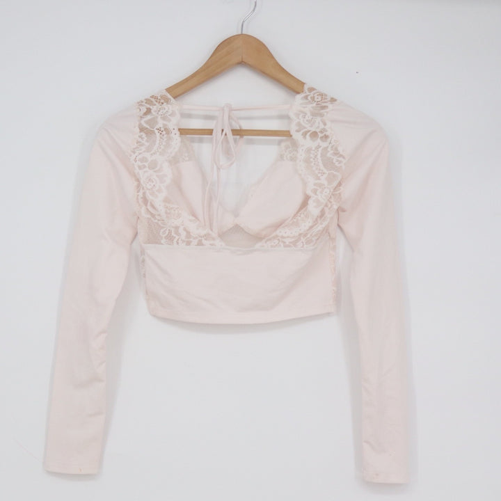 SHEIN Pale Pink Lace Panel Long Sleeve Crop Top Open Tie Back XS