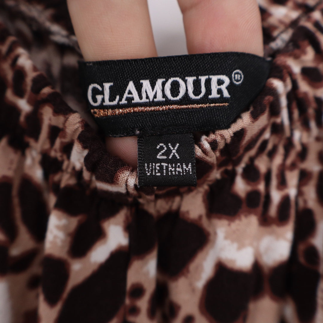 Glamour Brown Leopard Print Hanky Hem Wide Leg Jumpsuit 2X Sleeveless Rayon
