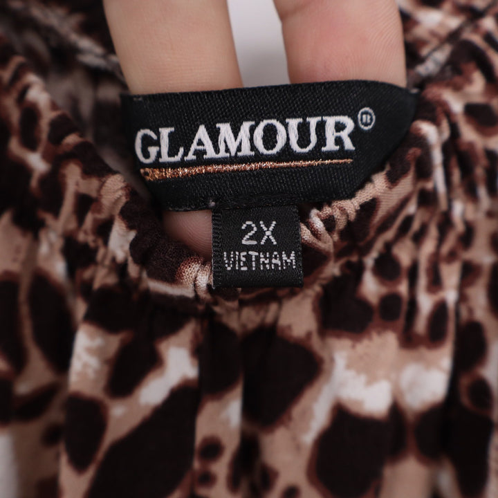 Glamour Brown Leopard Print Hanky Hem Wide Leg Jumpsuit 2X Sleeveless Rayon