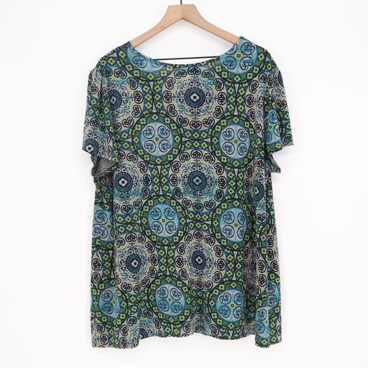 Jaclyn Smith Top Womens 2XL Medallion Print Blue Green Twist Front Excellent