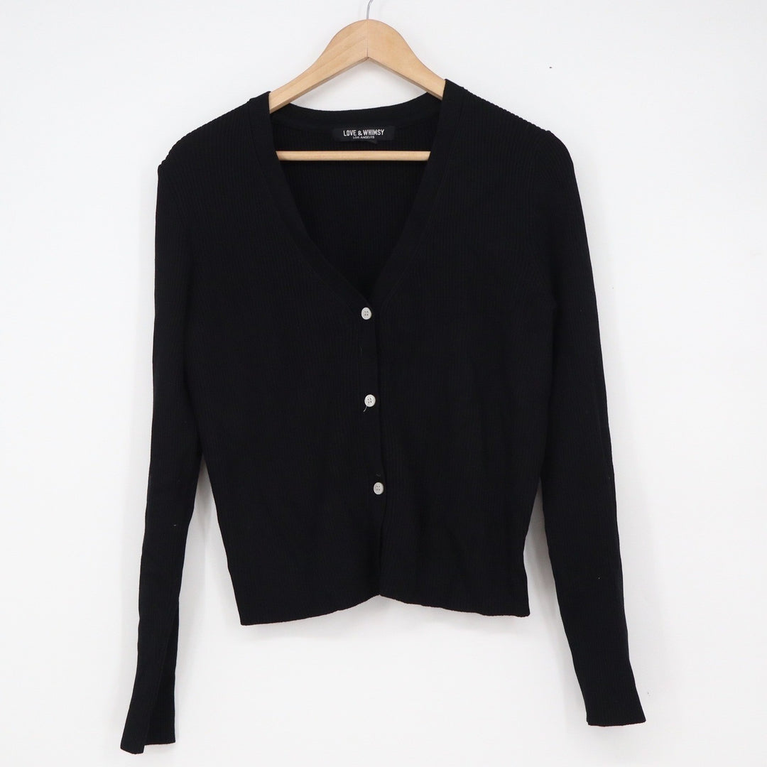 Love & Whimsy Los Angeles Black Ribbed V-Neck Button Front Cardigan Sweater L