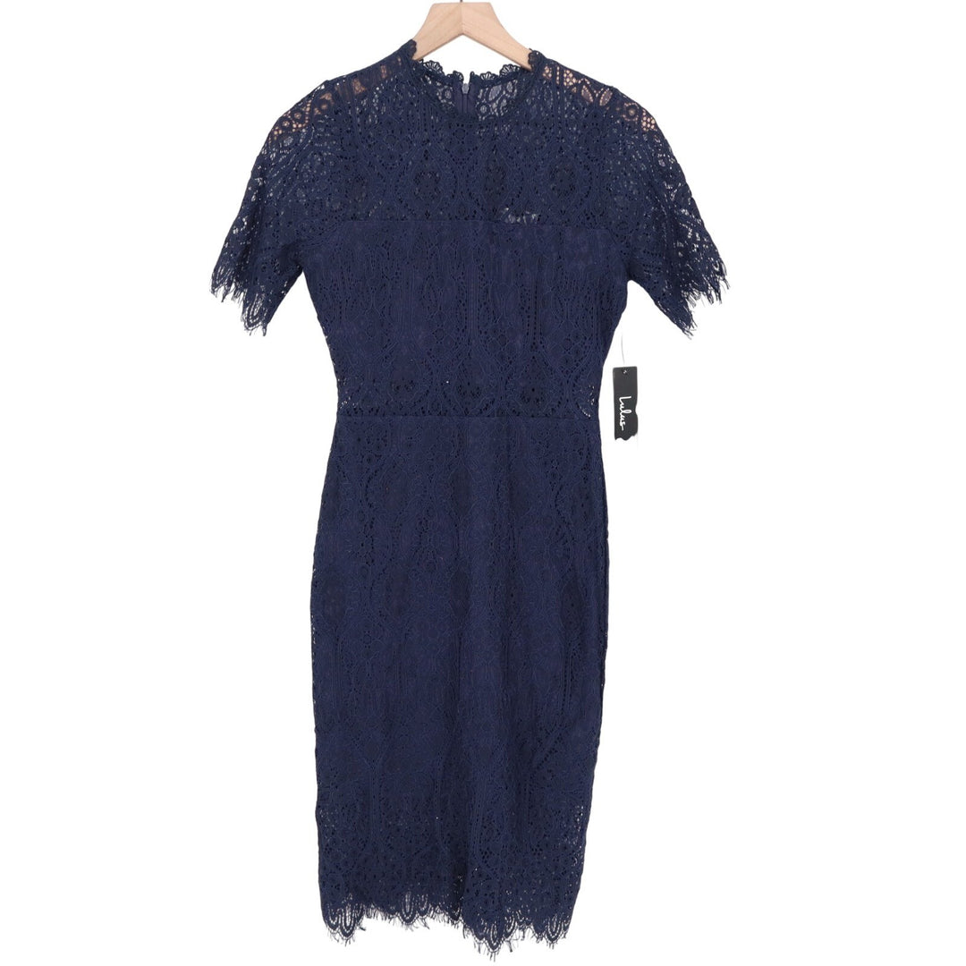 Lulus Remarkable Midi Dress Womens Small Navy Lace Detail Cotton Short Sleeve