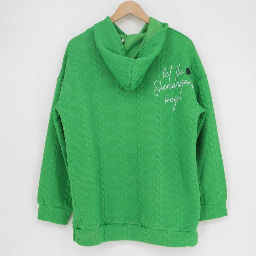 Let The Shenanigans Begin Hoodie Women Medium Green Printed Knit Kangaroo Pocket