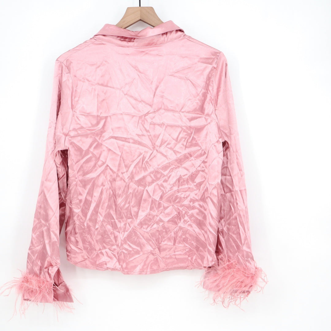 SHEIN Pink Satin Button Up Shirt Feather Trim Cuffs Womens Large KLB