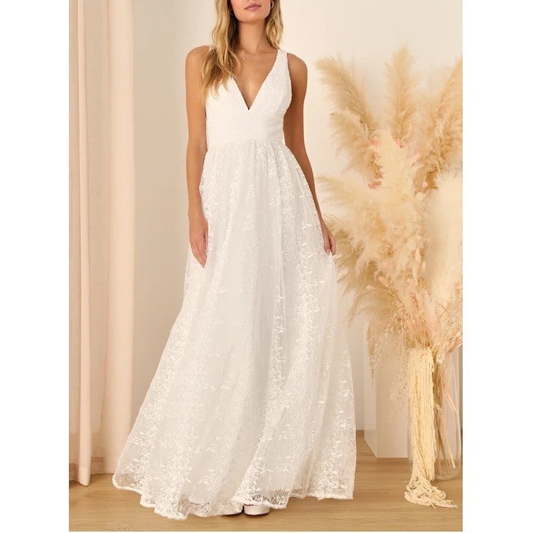 Lulus Sweetest Beloved Maxi Dress Womens XS White Mesh Embroidered Sleeveless
