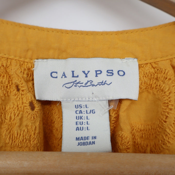 Calypso St Barth Mustard Yellow Cotton Eyelet Puff Sleeve Blouse Large