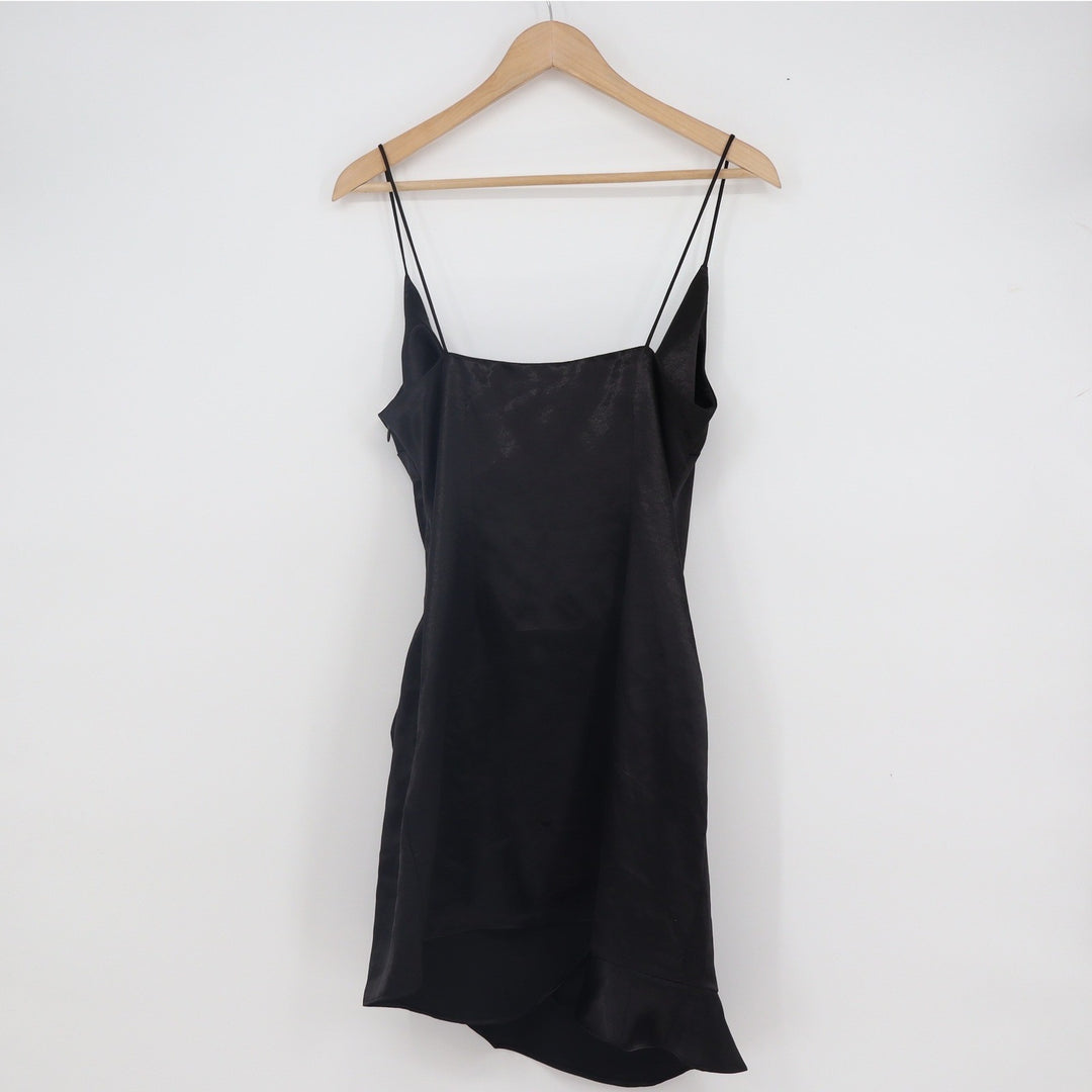 Topshop Black Satin Wrap Mini Dress Ruched Ruffle Hem Spaghetti Strap Size 6
