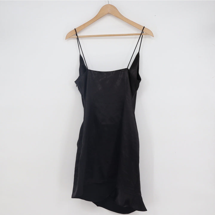 Topshop Black Satin Wrap Mini Dress Ruched Ruffle Hem Spaghetti Strap Size 6