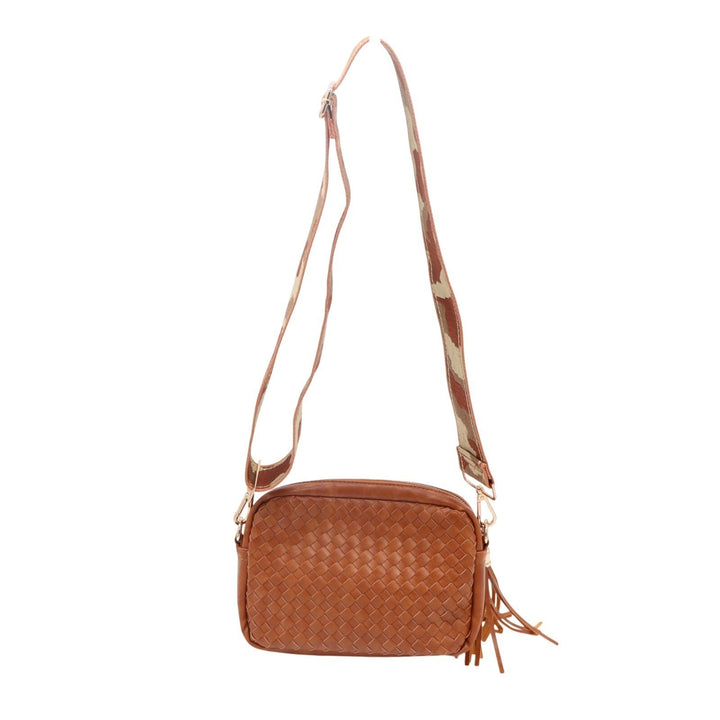 Womens Handbag Brown Woven Leather Tassel Adjustable Strap Crossbody Bag