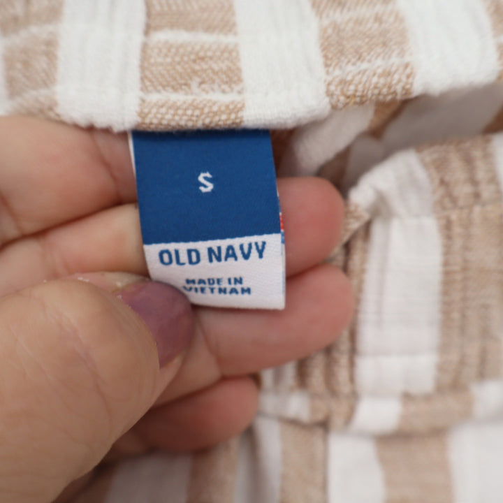 Old Navy Tan White Striped Linen Cotton Blend Elastic Waist Shorts Small