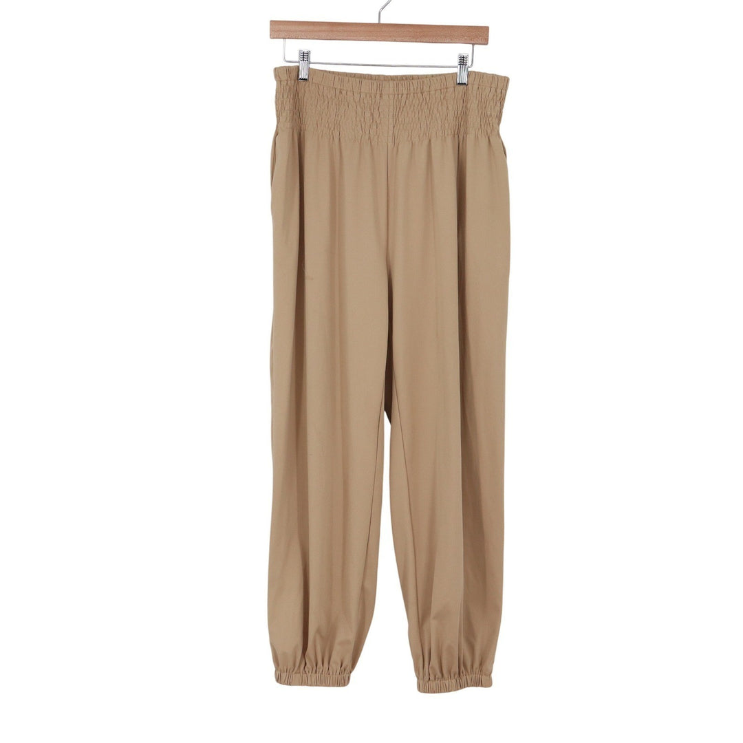 Dokotoo Womens XL Tan Smocked High Waist Jogger Pants Elastic Cuff Khaki