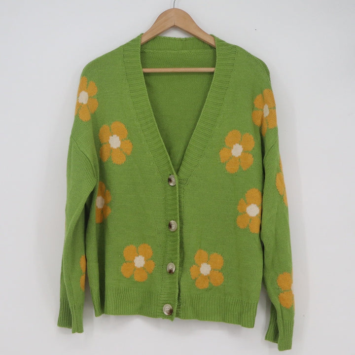 SHEIN Curve Green Daisy Floral Knit Cardigan Sweater Womens 1XL V-Neck Button Up