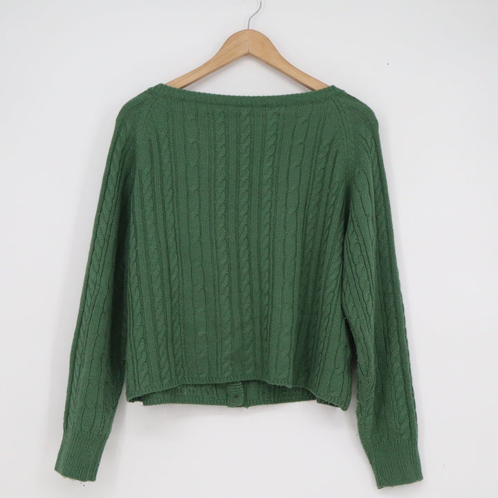 Momo Wonder Rocket Green Cable Knit Button Front Cardigan Sweater Bobble Detail