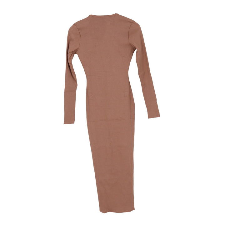 Naked Wardrobe Ribbed Deep V-Neck Maxi Dress Mauve Brown Long Sleeve Large