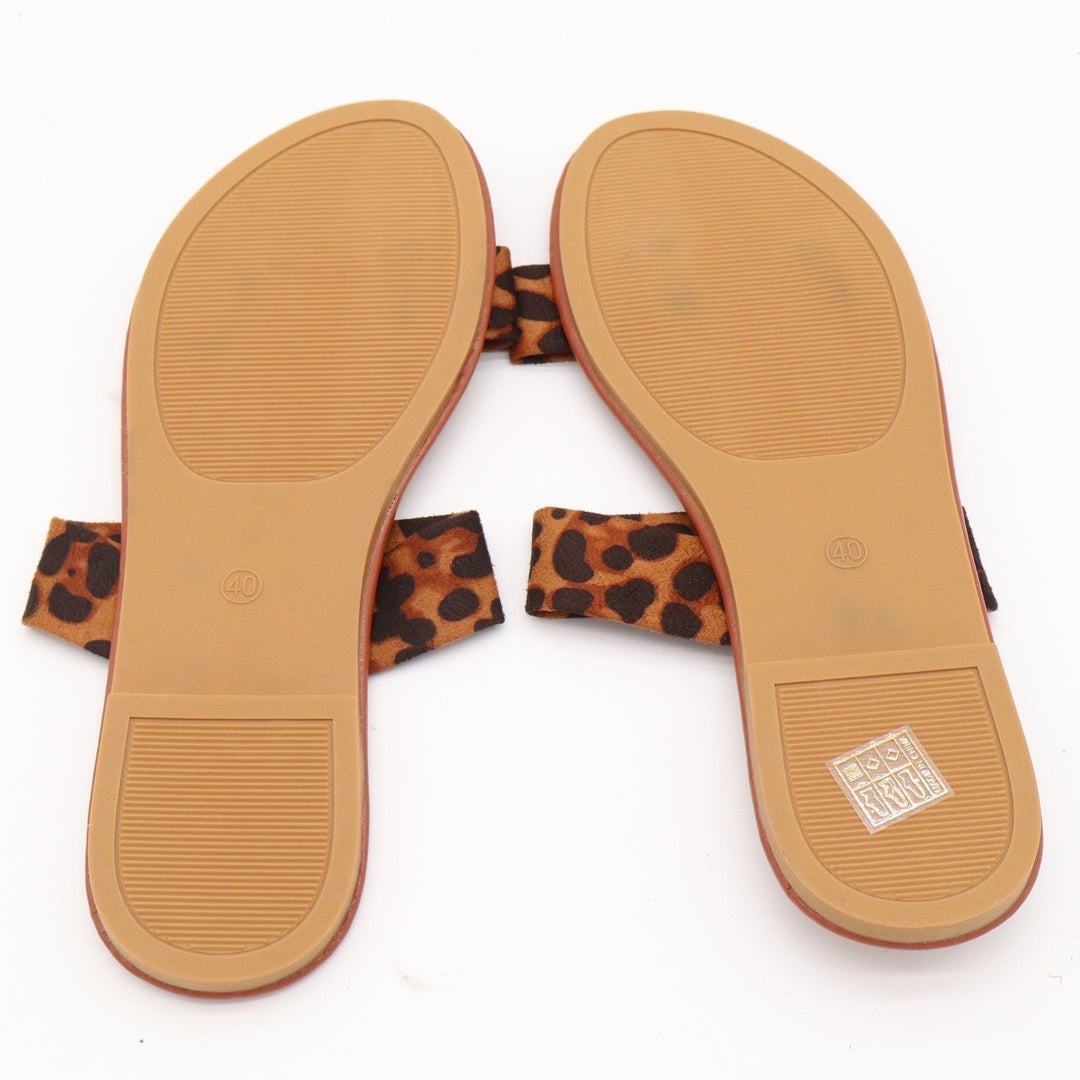 Leopard Print Double Strap Flat Slide Sandals Brown Tan Size 40