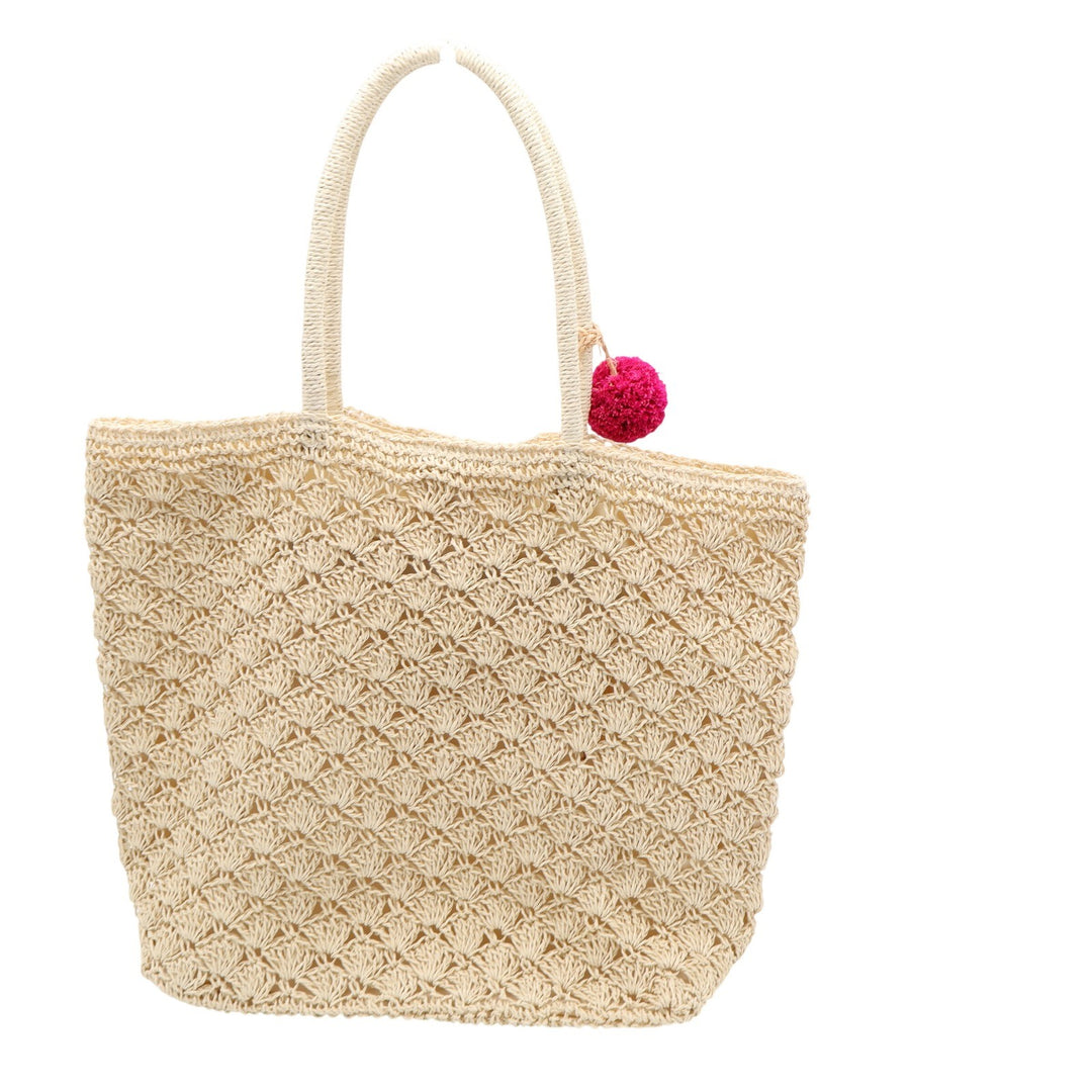 Haute Hippie Style Beige Straw Crochet Shell Tote Bag with Pom Poms Large