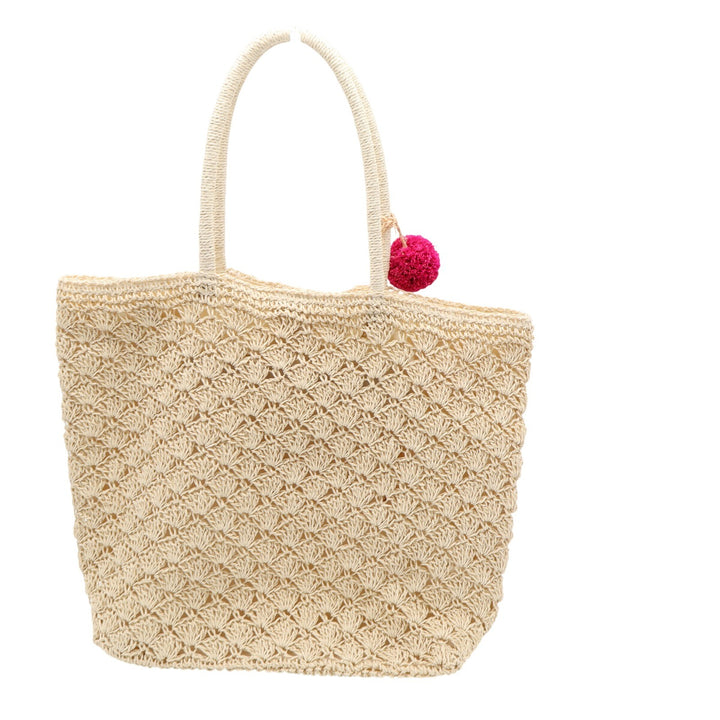 Haute Hippie Style Beige Straw Crochet Shell Tote Bag with Pom Poms Large