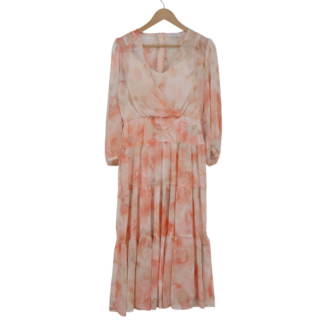 Calvin Klein Womens Peach Floral Tiered Maxi Dress Chiffon Long Sleeve Size 4