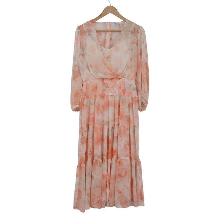 Calvin Klein Womens Peach Floral Tiered Maxi Dress Chiffon Long Sleeve Size 4