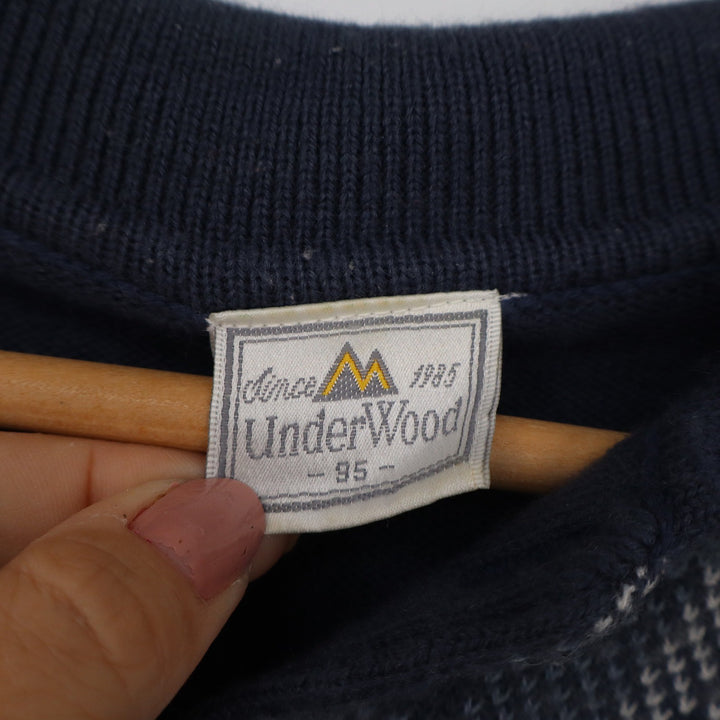 Underwood Vintage Mens Navy Blue Plaid Polo Knit Sweater Wool Blend Size M