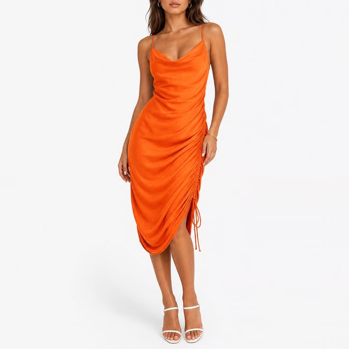 Zara Orange Cowl Neck Ruched Satin Mini Dress Small Sleeveless Side Drawstring