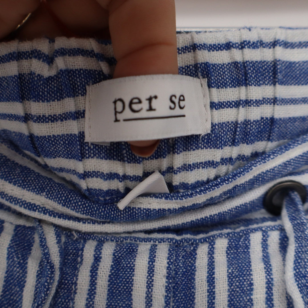 Per Se Blue White Striped Linen Blend Cropped Wide Leg Pants Womens Medium