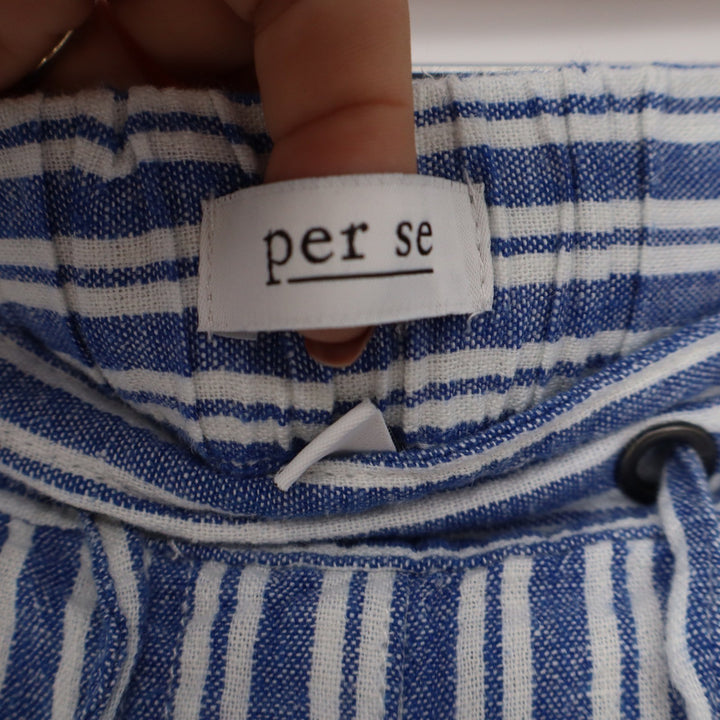 Per Se Blue White Striped Linen Blend Cropped Wide Leg Pants Womens Medium