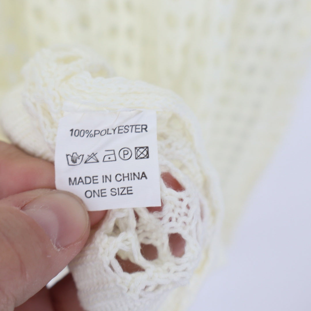 Cream Crochet Open Knit Swim Cover Up Dress Smocked Waist One Size V-Neck Tunic