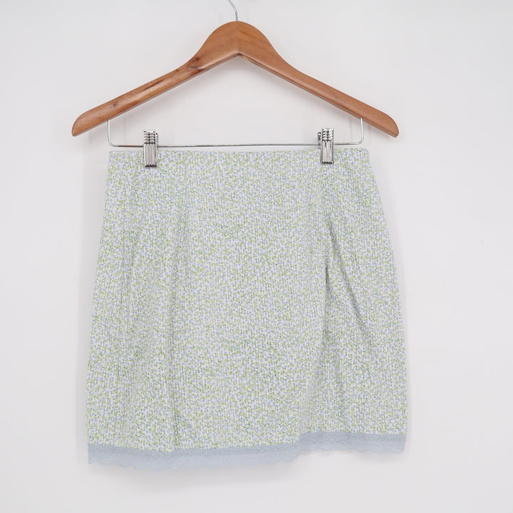 Floral Crinkle Mini Skirt Blue Green Lace Trim Side Slit High Waisted BKA78