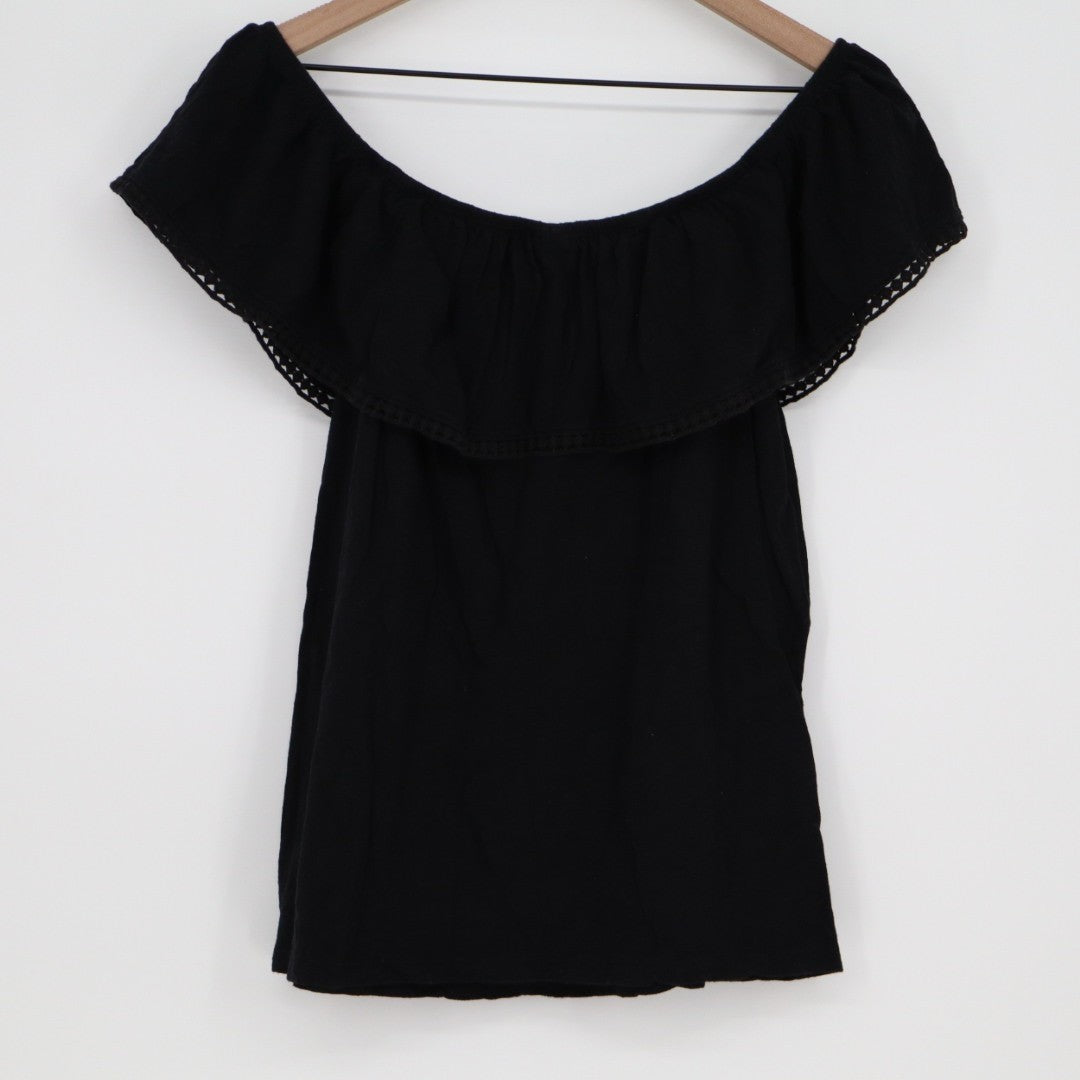 Old Navy Blouse Top Womens Medium Black Cotton Pleated Off the Shoulder Outdoor