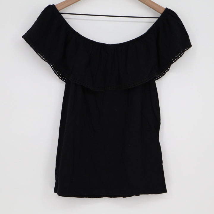 Old Navy Blouse Top Womens Medium Black Cotton Pleated Off the Shoulder Outdoor