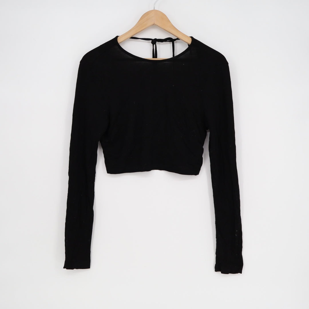 Shein Cider Crop Top Womens Medium Black Stretch Long Sleeve Round Neck Tie Back