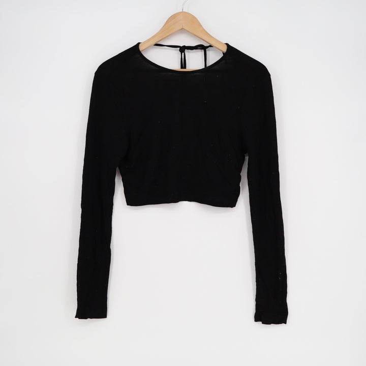 Shein Cider Crop Top Womens Medium Black Stretch Long Sleeve Round Neck Tie Back