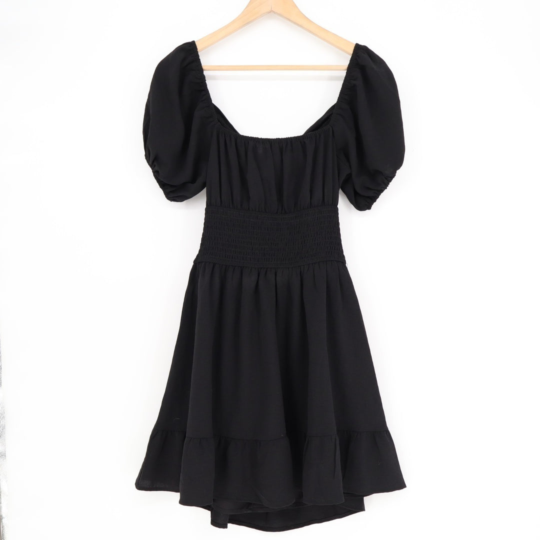Hesperus Mini Dress Womens Medium Black Stretch Smocked Puff Sleeve Ruffle Hem