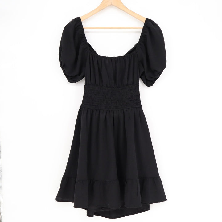 Hesperus Mini Dress Womens Medium Black Stretch Smocked Puff Sleeve Ruffle Hem