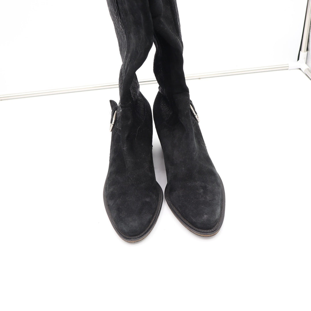 Donald J Pliner Black Suede Stretch Tall Block Heel Boots Size 7 Made Italy