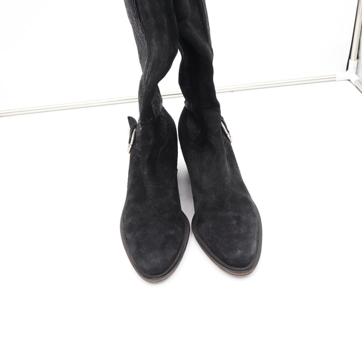 Donald J Pliner Black Suede Stretch Tall Block Heel Boots Size 7 Made Italy
