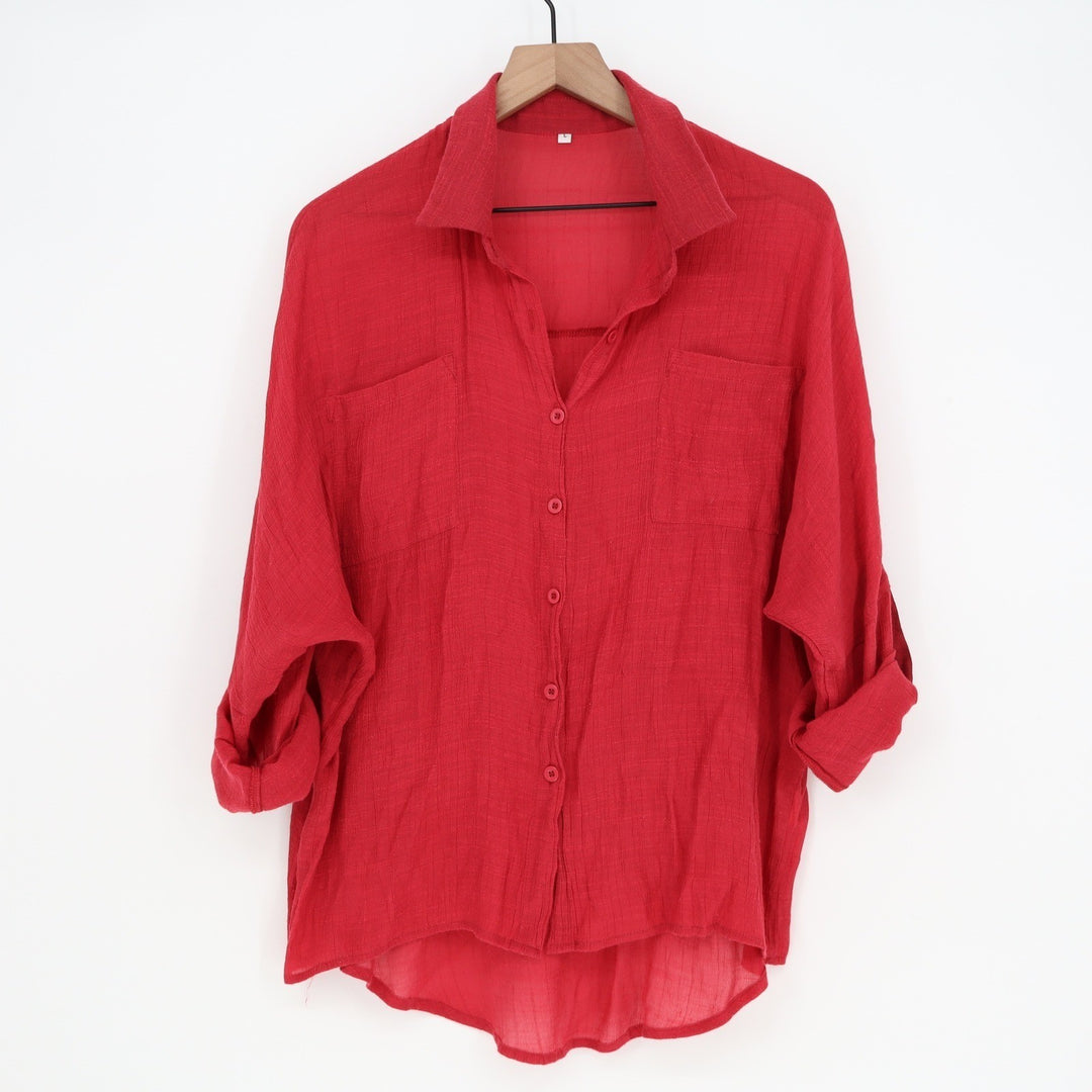 Womens Red Textured Gauze Button Up Roll Tab Sleeve Shirt Large Pockets