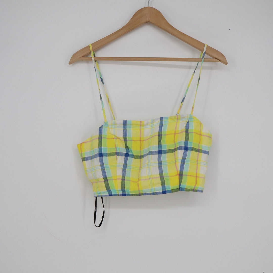 Forever 21 Yellow Plaid Crop Top Medium Smocked Back Adjustable Straps Summer