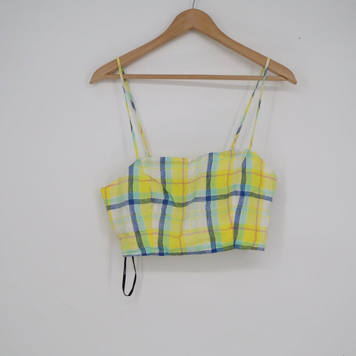 Forever 21 Yellow Plaid Crop Top Medium Smocked Back Adjustable Straps Summer