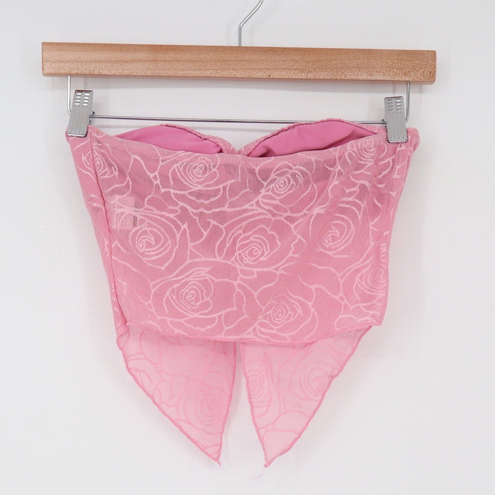 SHEIN Tube Top Womens XS Handkerchief Hem Pink Rose Floral Mesh Twist Excellent