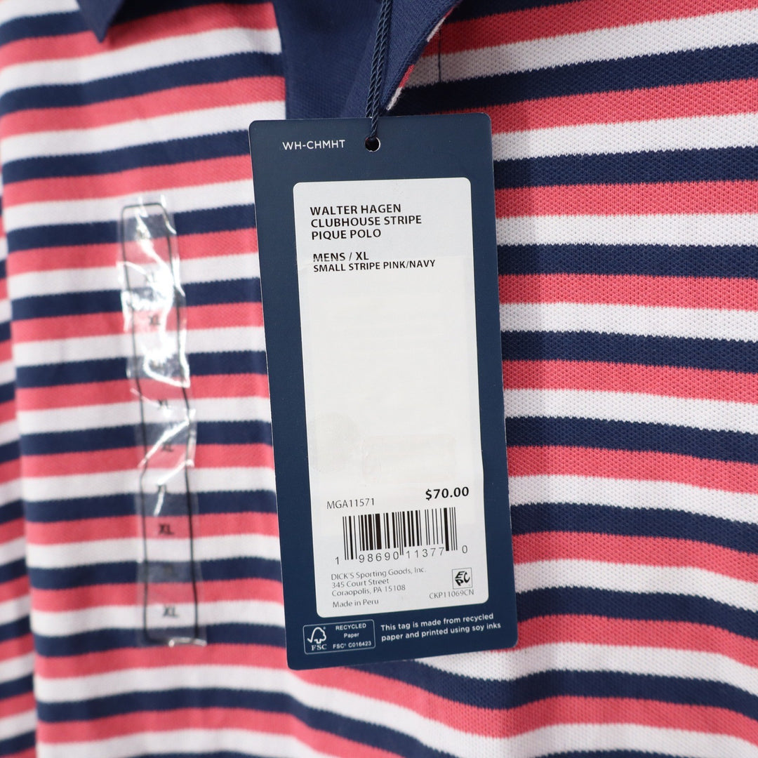 Walter Hagen Mens XL Clubhouse Stripe Pique Polo Pink Navy Blue