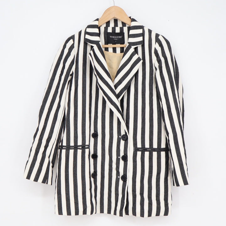 Verigude Womens Black White Striped Double Breasted Blazer Jacket Small Longline