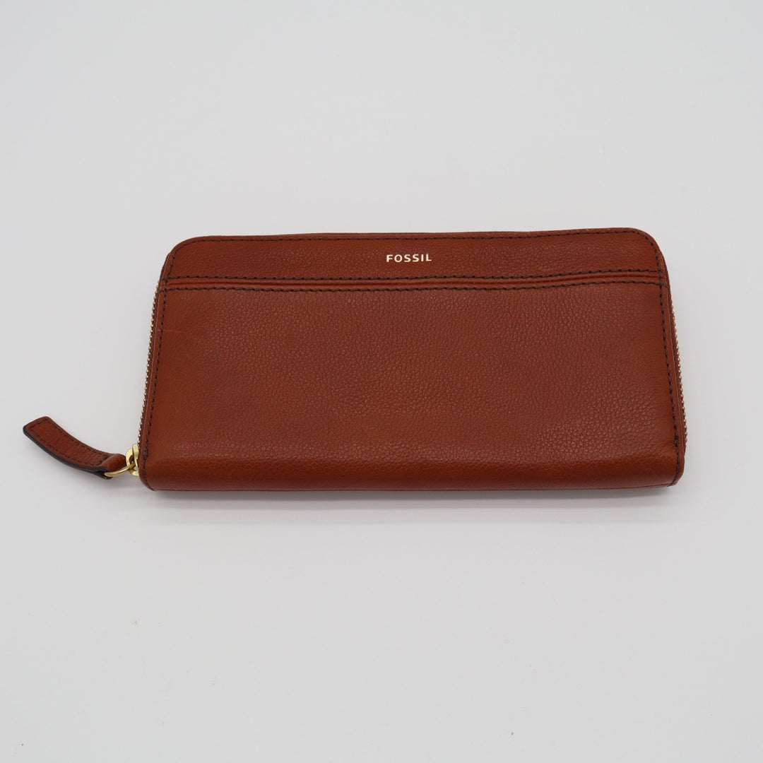 Fossil Tiegan Womens Clutch Wallet Brown Leather Zip Around Credit Card Slots