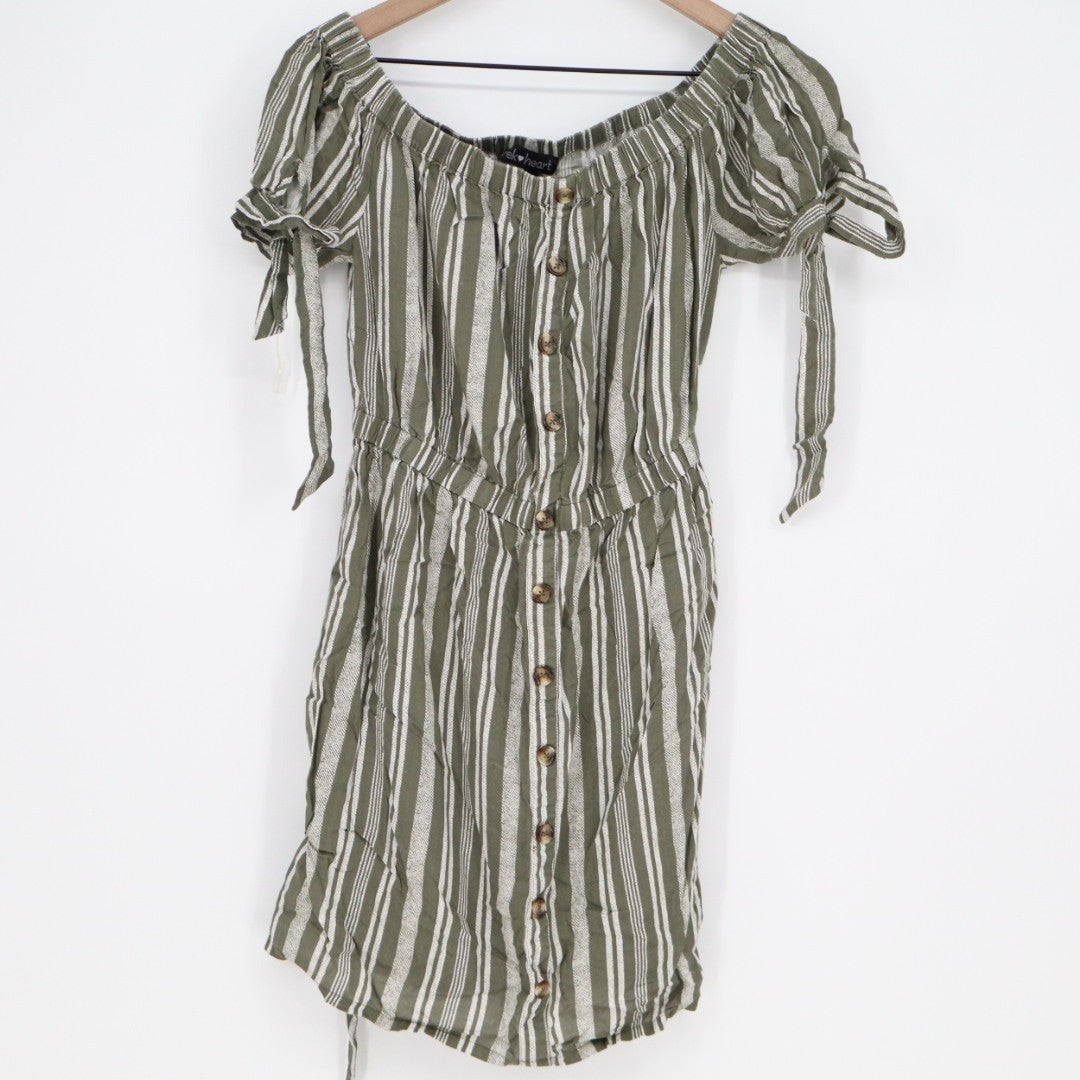 Derek Heart Mini Dress Women L Green White Striped Button Front Off The Shoulder
