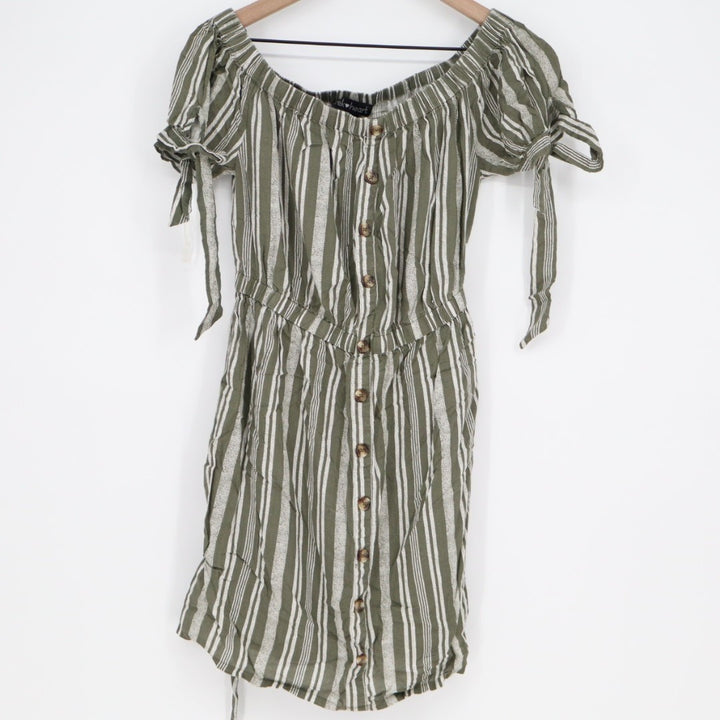 Derek Heart Mini Dress Women L Green White Striped Button Front Off The Shoulder