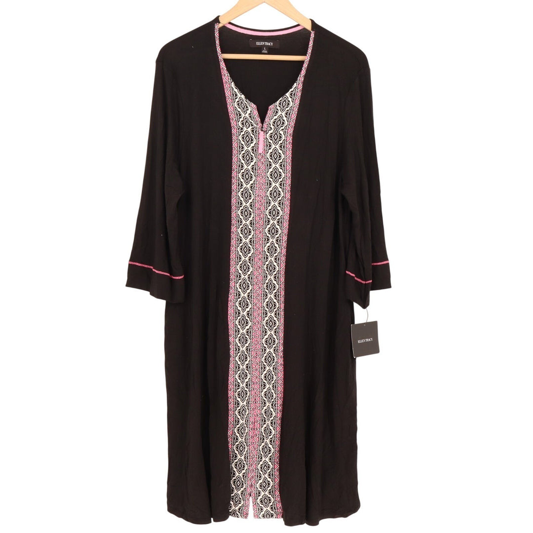 Ellen Tracy Zip Robe Womens L Black Rayon Geometric Print 3/4 Sleeve Sleep Wear