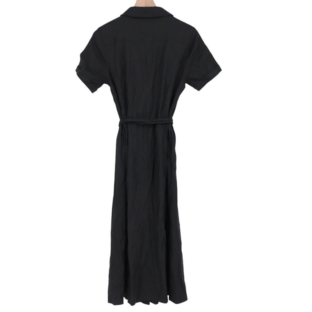 American Giant Black Linen Blend Button Front Belted Shirt Dress S